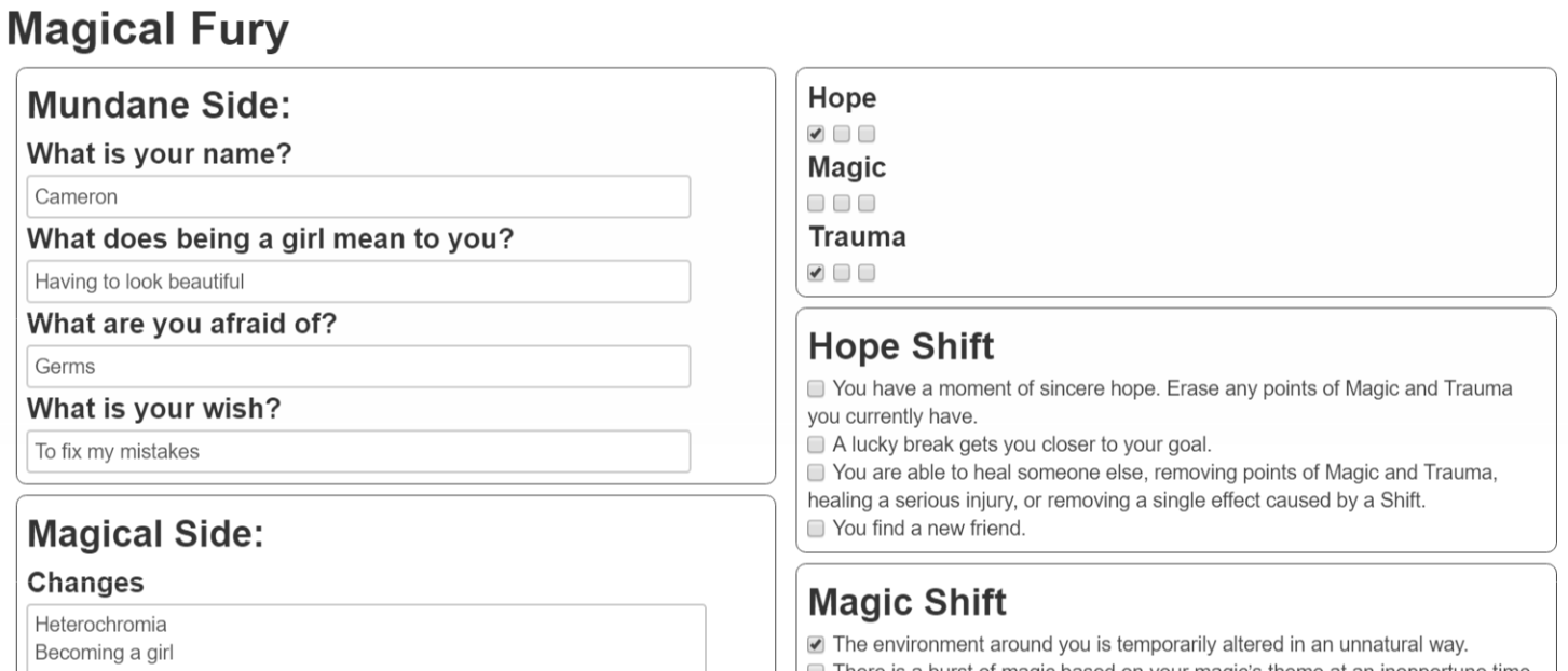 Example Magical Fury character sheet