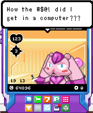 VIX-13 in the status screen of Berserk BITS, saying "How the #$@! did I get in a computer???"